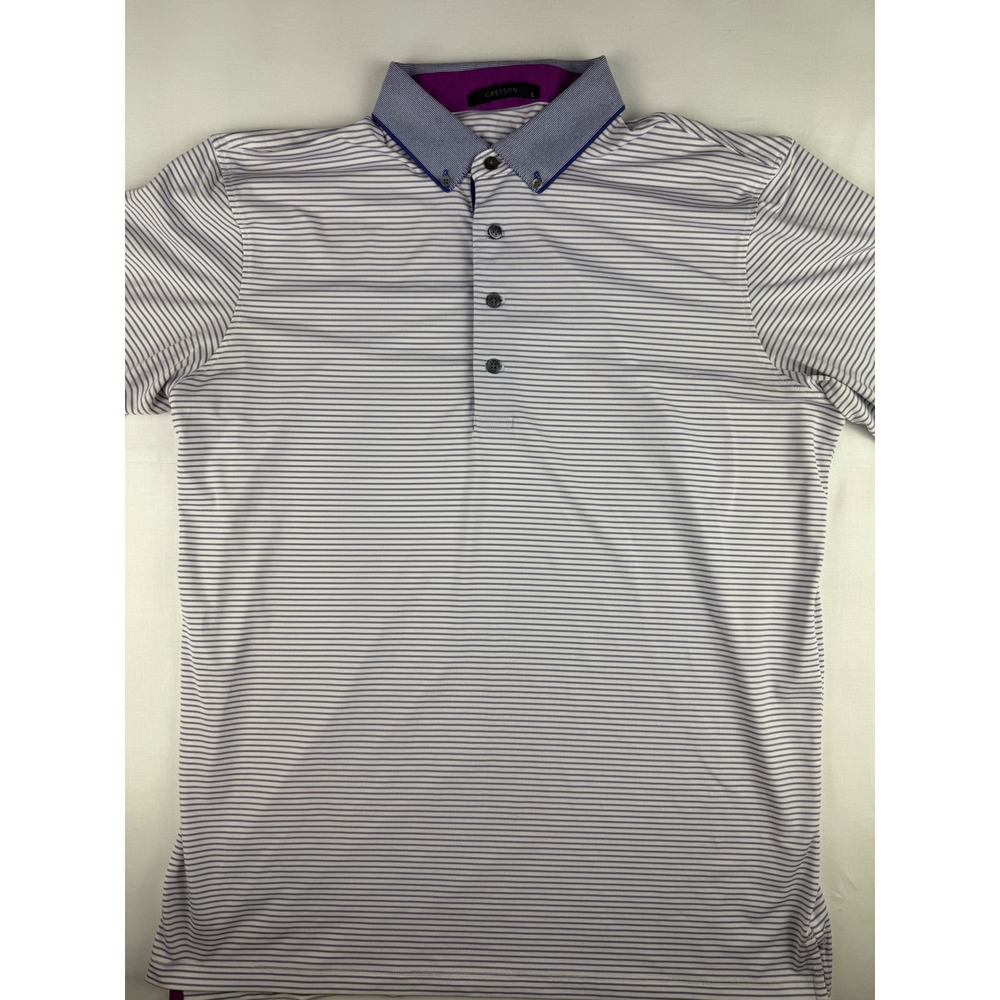 Greyson Polo Large Purple Striped Performance Golf Redmond Ridge Logo